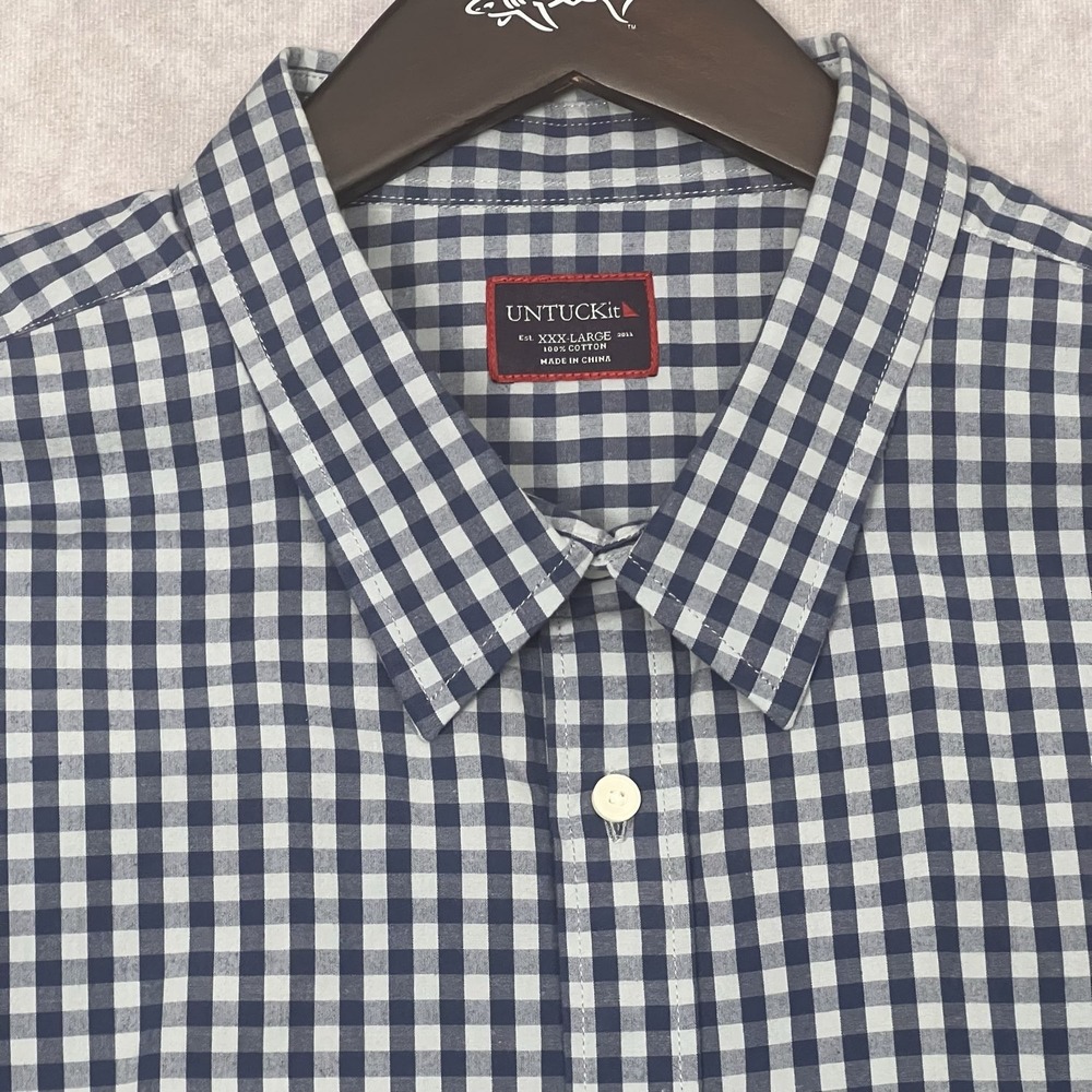 UNTUCKit Men's XXXLarge Blue White Gingham Plaid Button Down‎ Cotton Shirt